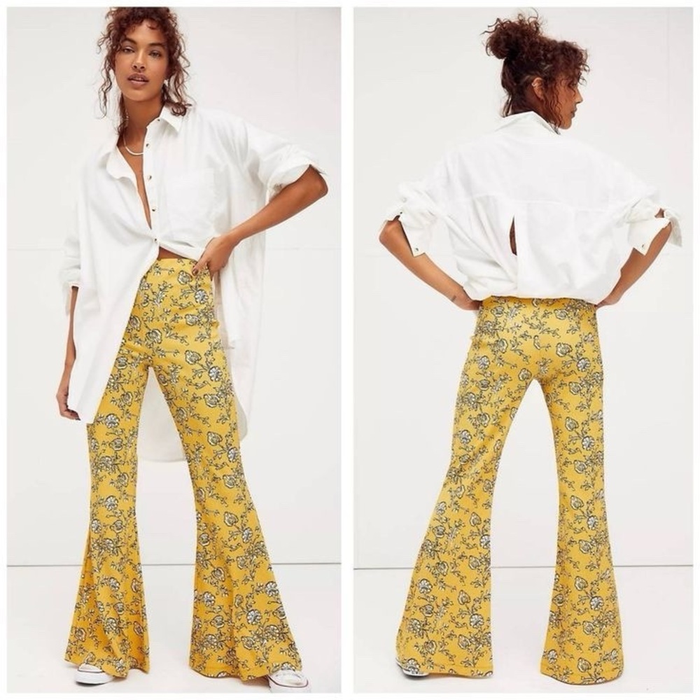 Free People Kitty Retro Flare Trousers Yellow Floral Pants